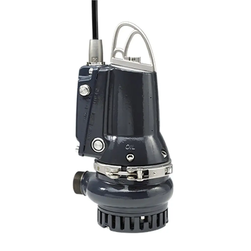 Tauchmotorpumpe aus Grauguss von Grundfos mit einem abgerundeten Gehäuse, einer Anschlussleitung und einem seitlichen Auslass. Geeignet für Drainageanwendungen.